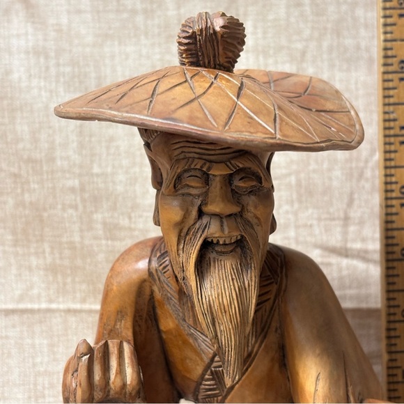 Antique Chinese Wood Carving, Wise Man with big Fish and Jug - Picture 7 of 7